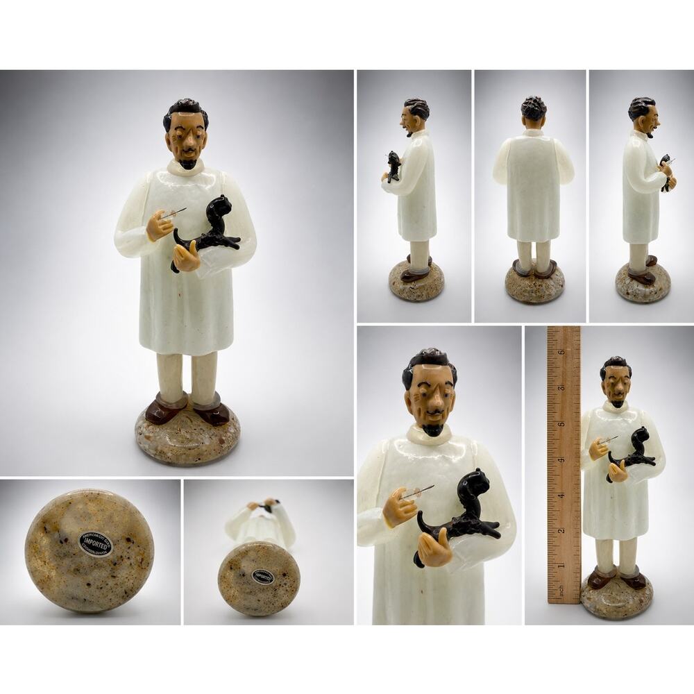 Vintage Hand Blown Art Glass Veterinarian Figurine Holding Cat & Syringe